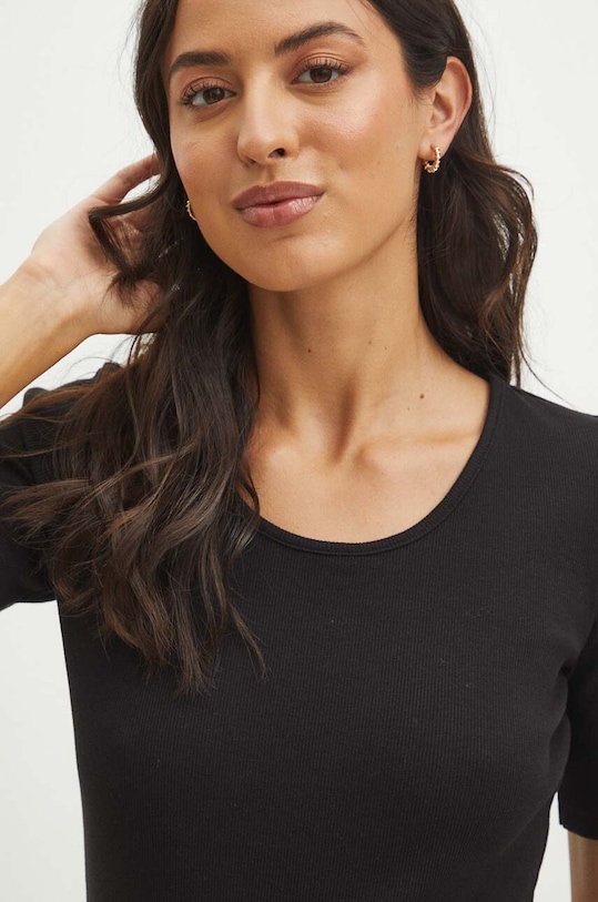 T-shirt bawełniany damski prążkowany z domieszką elastanu kolor czarny RS24.TSDA12 czarny