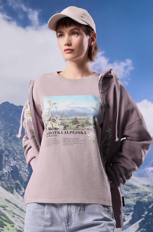 T-shirt bawełniany damski z kolekcji Tatrzański Park Narodowy x Medicine kolor fioletowy okrągły fioletowy RS24.TSDA60