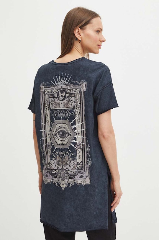 T-shirt bawełniany damski z nadrukiem kolor czarny okrągły czarny RS24.TSDB00