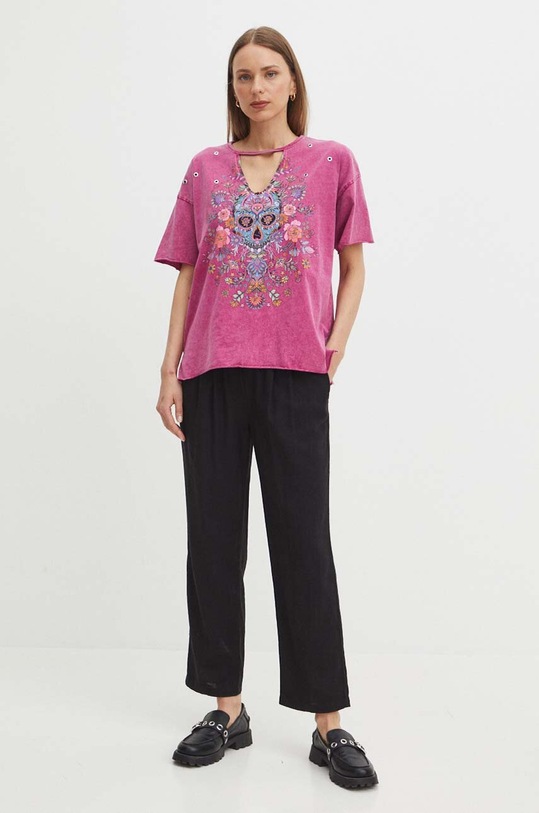 T-shirt bawełniany damski z nadrukiem kolor różowy RS24.TSDB03 różowy RS24