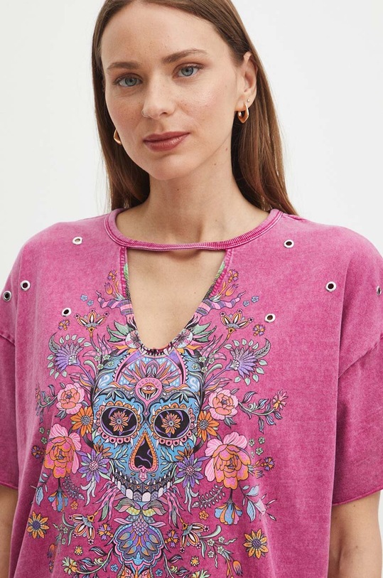 T-shirt bawełniany damski z nadrukiem kolor różowy różowy RS24.TSDB03