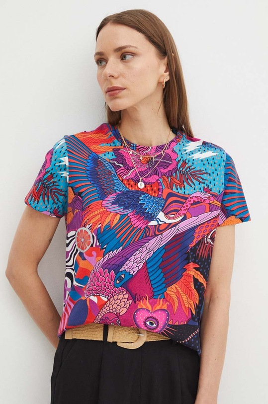 T-shirt bawełniany damski z domieszką elastanu wzorzysty kolor multicolor wzorzyste multicolor RS24.TSDB06