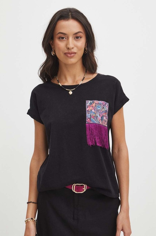 T-shirt bawełniany damski z ozdobną aplikacją kolor czarny bawełna czarny RS24.TSDB08