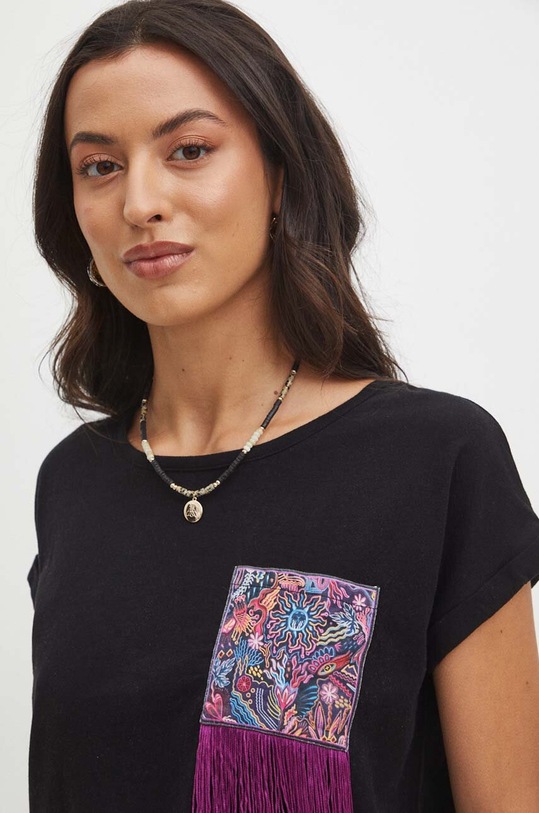 T-shirt bawełniany damski z ozdobną aplikacją kolor czarny czarny RS24.TSDB08