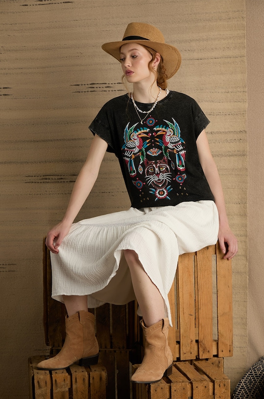 Bavlnené tričko dámske s potlačou Tattoo Art šedá farba okrúhly sivá RS24.TSDC58