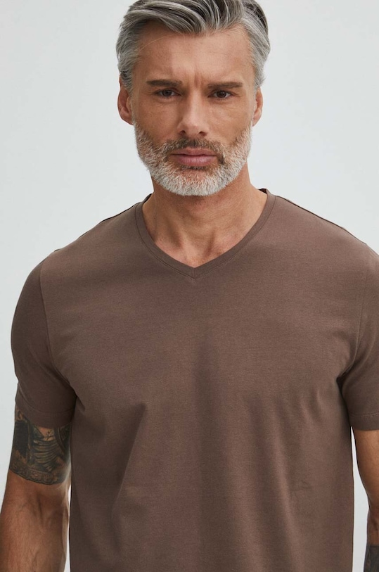 Bavlnené tričko pánske s elastanom, hladký hnedá farba s elastanom hnedá RS24.TSM054