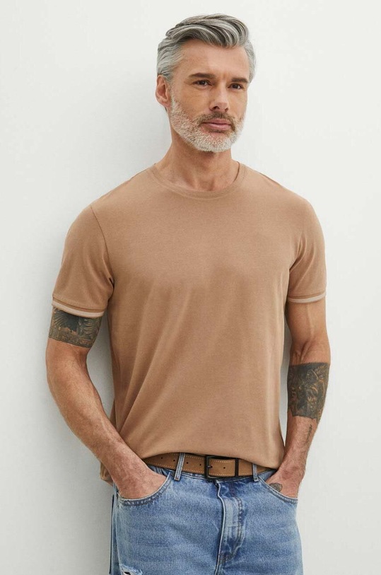 T-shirt bawełniany męski z domieszką elastanu gładki kolor beżowy gładkie beżowy RS24.TSM083
