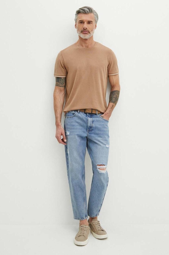 T-shirt bawełniany męski z domieszką elastanu gładki kolor beżowy RS24.TSM083 beżowy RS24