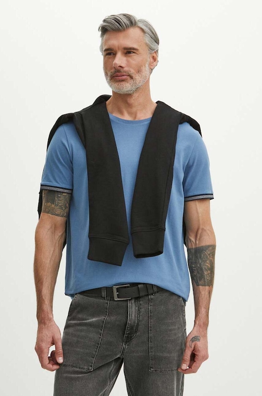 T-shirt bawełniany męski z domieszką elastanu gładki kolor niebieski gładkie niebieski RS24.TSM083