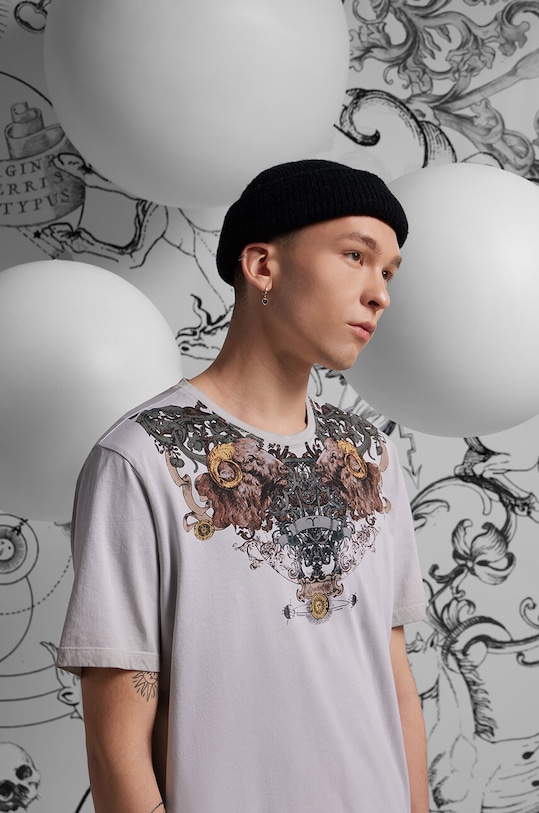 T-shirt bawełniany męski z kolekcji Zodiak - Baran kolor szary okrągły szary RS24.TSM152