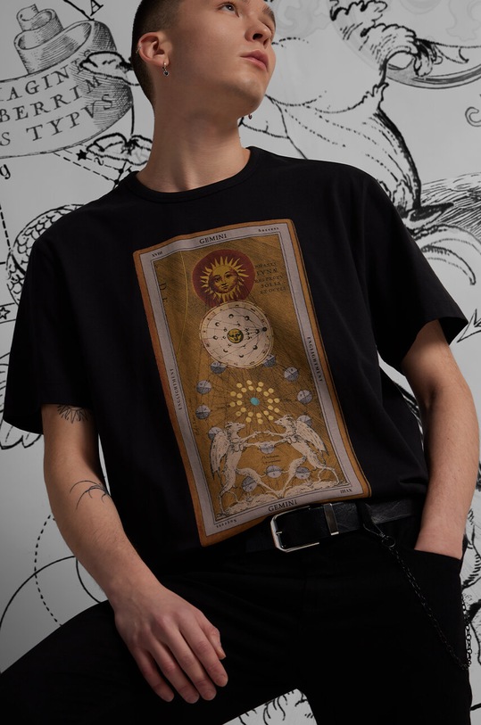 T-shirt bawełniany męski z kolekcji Zodiak - Bliźnięta kolor szary okrągły szary RS24.TSM153