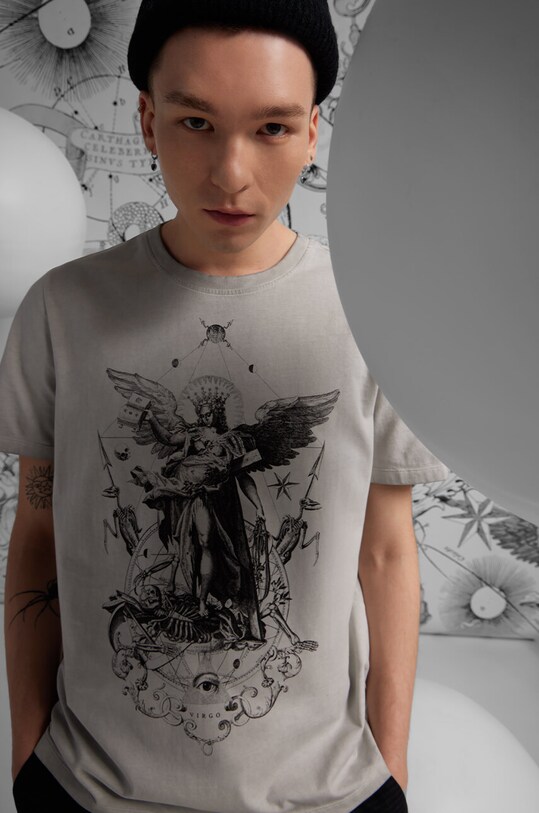 T-shirt bawełniany męski z kolekcji Zodiak - Panna kolor szary okrągły szary RS24.TSM159