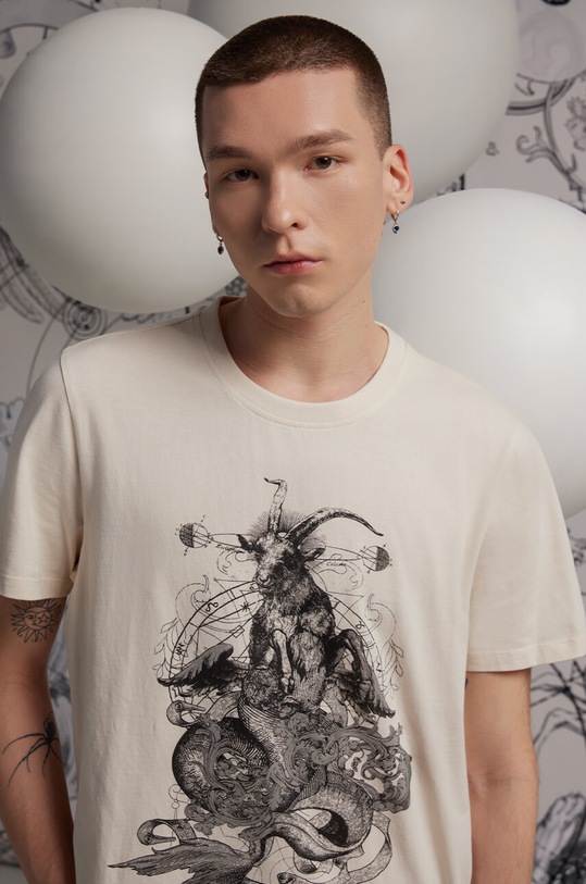 T-shirt bawełniany męski z kolekcji Zodiak - Koziorożec kolor beżowy okrągły beżowy RS24.TSM161
