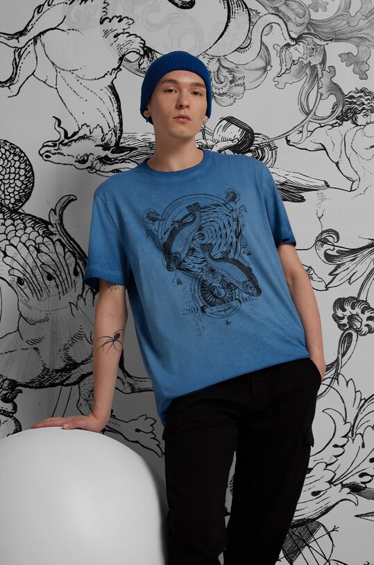 T-shirt bawełniany męski z kolekcji Zodiak - Ryby kolor granatowy okrągły granatowy RS24.TSM162