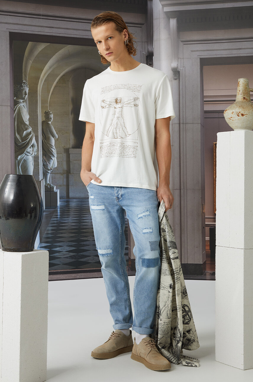 T-shirt bawełniany męski z domieszką elastanu z kolekcji Eviva L'arte kolor beżowy okrągły beżowy RS24.TSM262