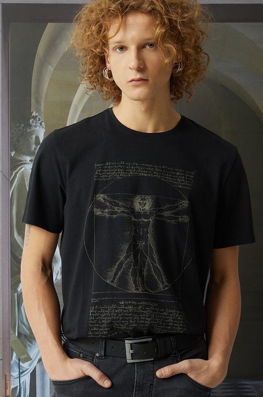 T-shirt bawełniany męski z domieszką elastanu z kolekcji Eviva L'arte kolor czarny okrągły czarny RS24.TSM262