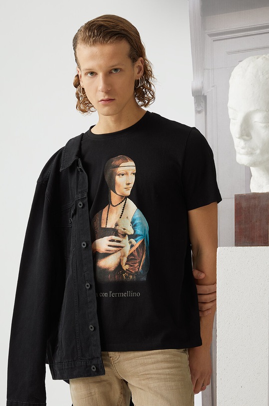 T-shirt bawełniany męski z kolekcji Eviva L'arte kolor czarny okrągły czarny RS24.TSM268