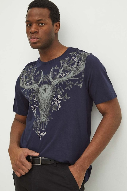 T-shirt bawełniany męski kolor granatowy okrągły granatowy RS24.TSM304