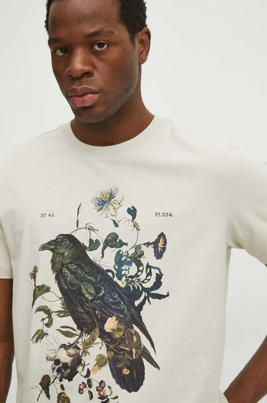 T-shirt bawełniany męski z domieszką elastanu z nadrukiem kolor beżowy beżowy RS24.TSM306