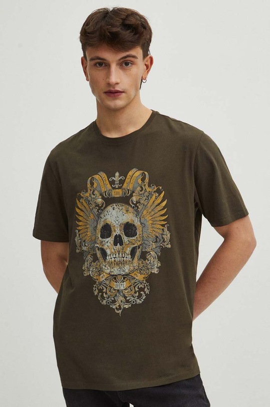 T-shirt bawełniany męski z domieszką elastanu z nadrukiem kolor zielony okrągły zielony RS24.TSM400