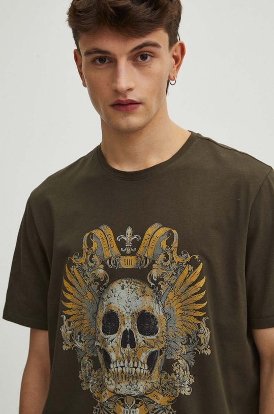 T-shirt bawełniany męski z domieszką elastanu z nadrukiem kolor zielony zielony RS24.TSM400