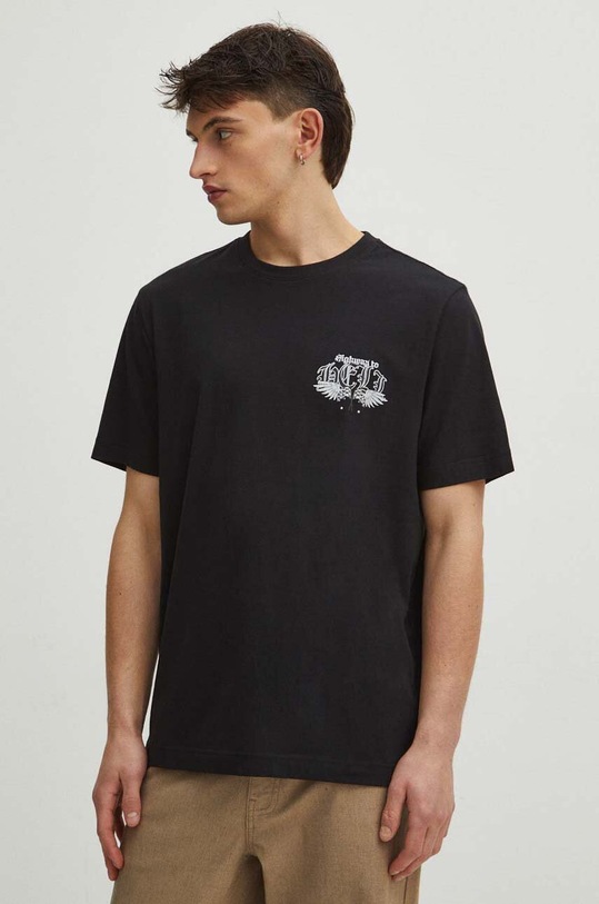 T-shirt bawełniany męski z domieszką elastanu z nadrukiem kolor czarny okrągły czarny RS24.TSM401