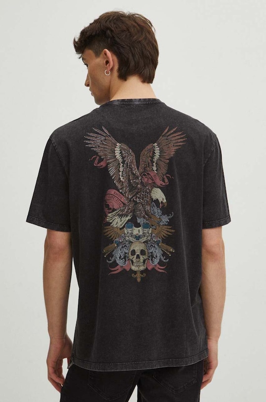 T-shirt bawełniany męski z nadrukiem kolor czarny okrągły czarny RS24.TSM404