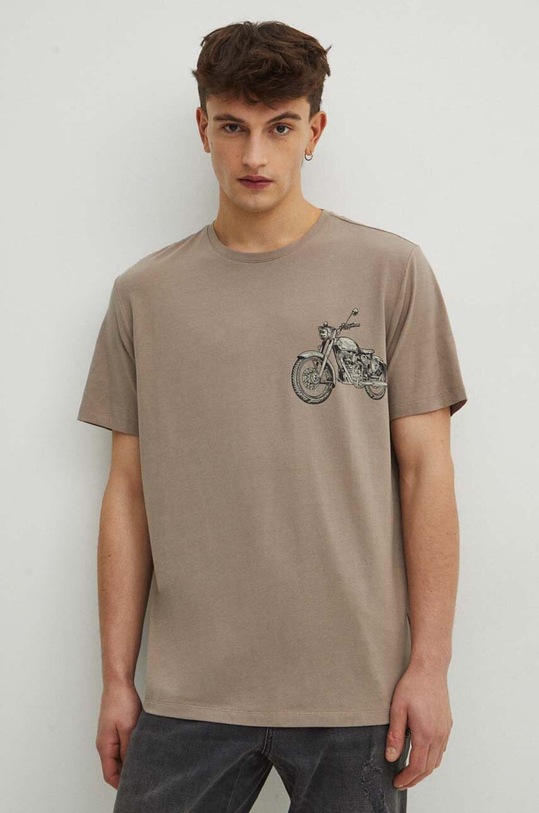 T-shirt bawełniany męski z domieszką elastanu z nadrukiem kolor beżowy okrągły beżowy RS24.TSM409