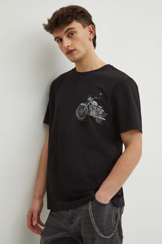 T-shirt bawełniany męski z domieszką elastanu z nadrukiem kolor czarny okrągły czarny RS24.TSM409