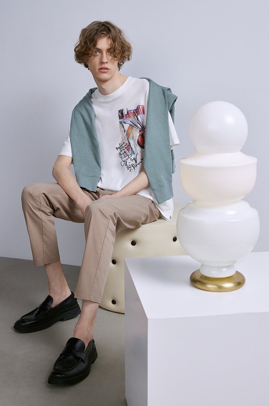 Bavlněné tričko pánské z kolekce Graphics Series béžová barva relaxed béžová RS24.TSM453