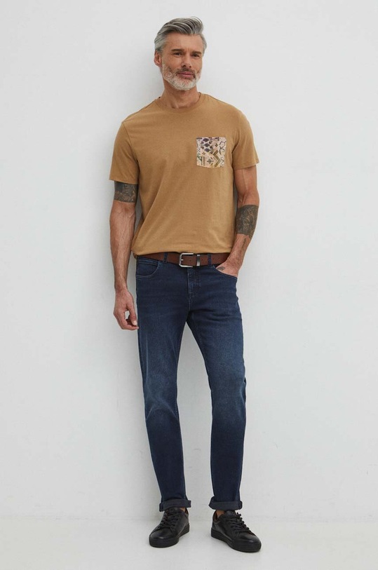 T-shirt bawełniany męski kolor beżowy RS24.TSM500 beżowy RS24
