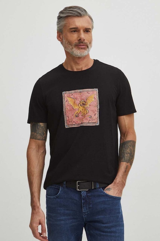 T-shirt bawełniany męski z nadrukiem kolor czarny okrągły czarny RS24.TSM503