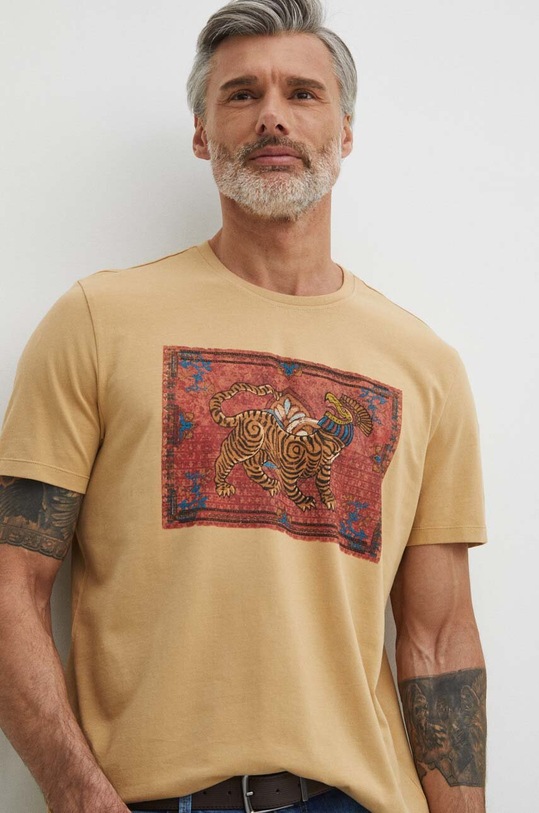 Bavlnené tričko pánske béžová farba béžová RS24.TSM507