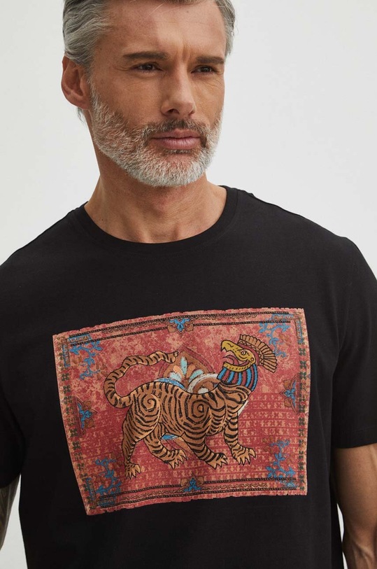 T-shirt bawełniany męski z domieszką elastanu z nadrukiem kolor czarny okrągły czarny RS24.TSM507