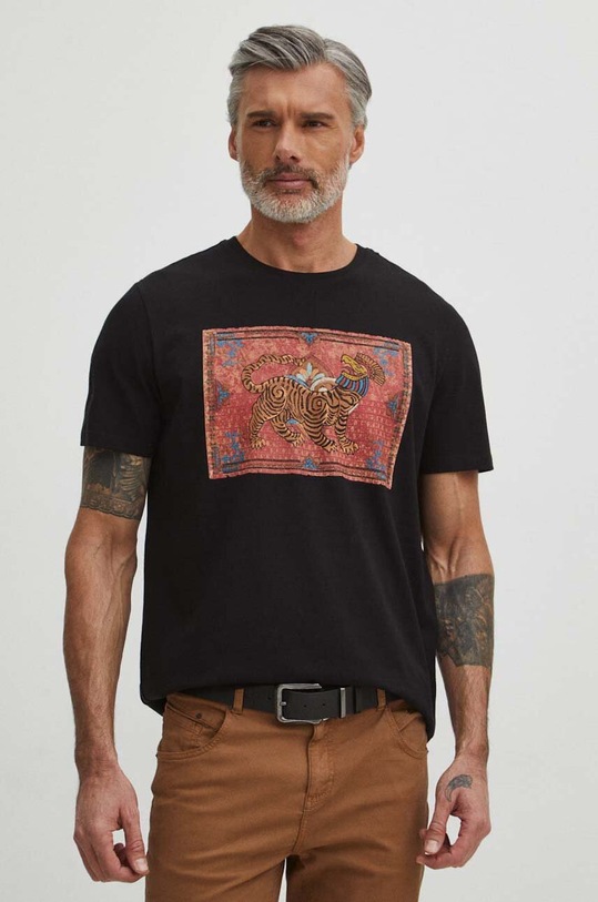T-shirt bawełniany męski z domieszką elastanu z nadrukiem kolor czarny czarny RS24.TSM507