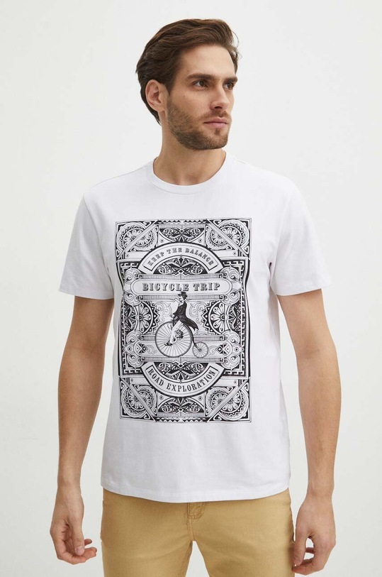 T-shirt bawełniany męski z domieszką elastanu z nadrukiem kolor biały okrągły biały RS24.TSM601