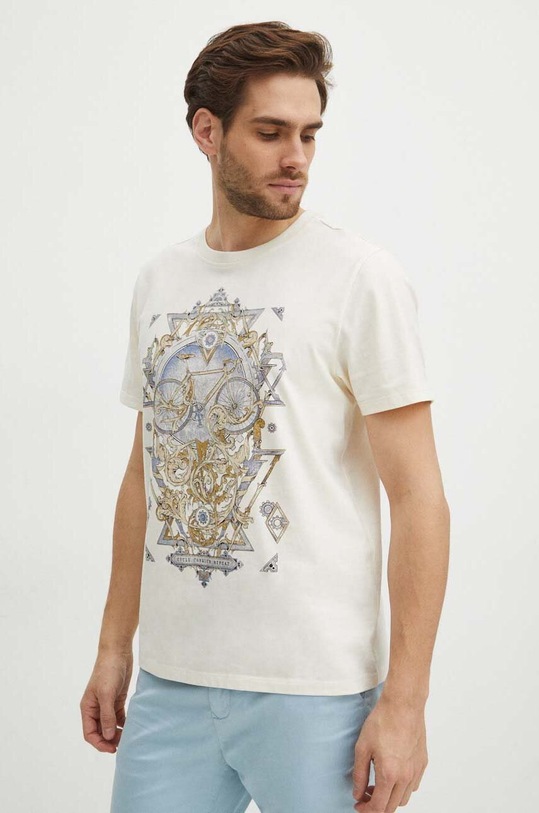 T-shirt bawełniany męski z nadrukiem kolor beżowy RS24.TSM607 beżowy RS24