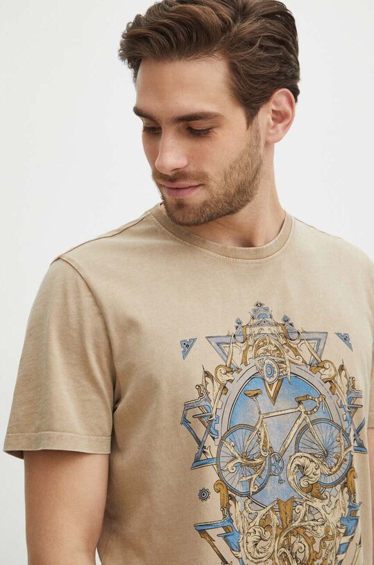 T-shirt bawełniany męski z nadrukiem kolor beżowy okrągły beżowy RS24.TSM607