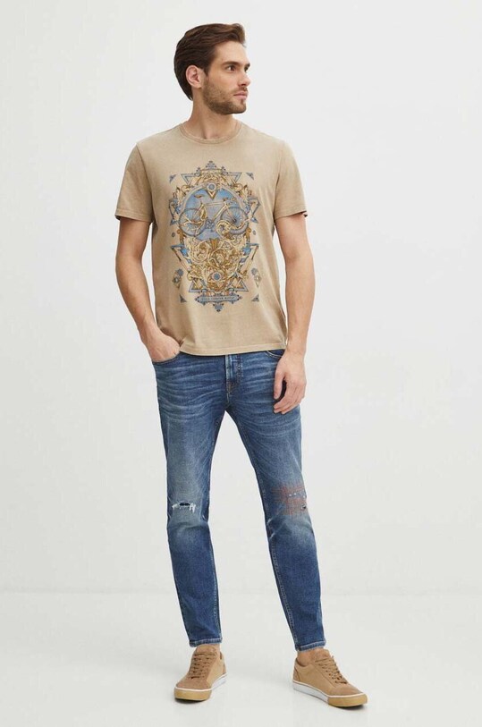 T-shirt bawełniany męski z nadrukiem kolor beżowy RS24.TSM607 beżowy RS24