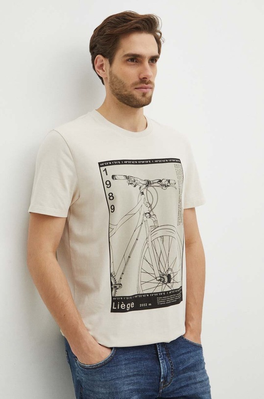 T-shirt bawełniany męski z domieszką elastanu z nadrukiem kolor beżowy okrągły beżowy RS24.TSM621