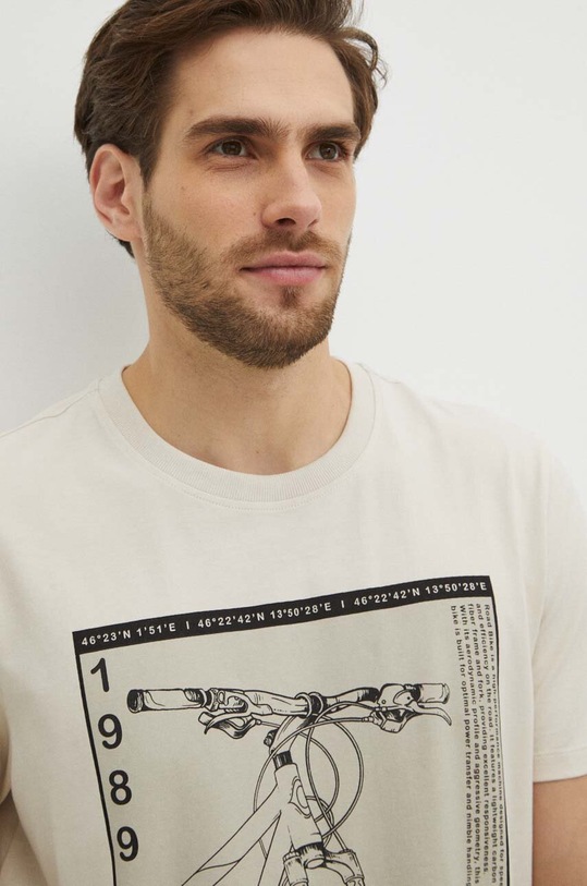 T-shirt bawełniany męski z domieszką elastanu z nadrukiem kolor beżowy beżowy RS24.TSM621