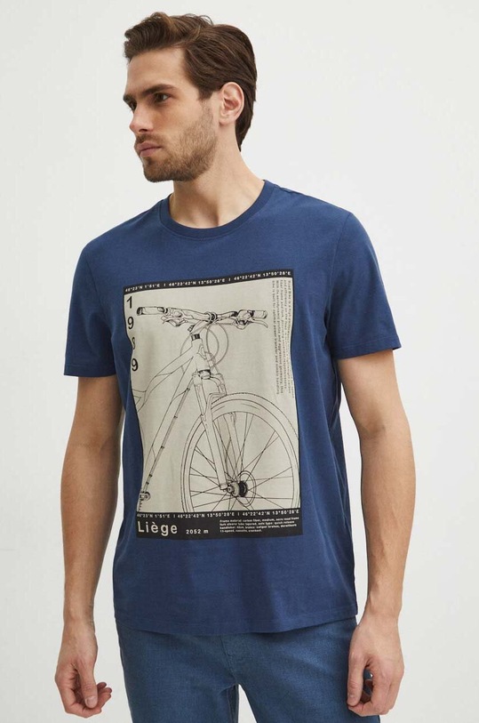 T-shirt bawełniany męski z domieszką elastanu z nadrukiem kolor granatowy okrągły granatowy RS24.TSM621