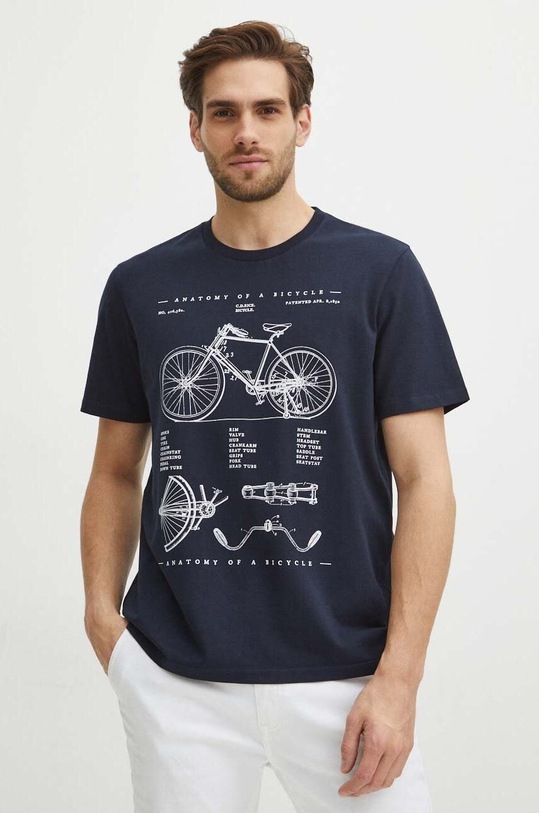 T-shirt bawełniany męski z domieszką elastanu z nadrukiem kolor granatowy okrągły granatowy RS24.TSM622