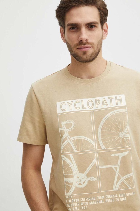 T-shirt bawełniany męski z nadrukiem kolor beżowy okrągły beżowy RS24.TSM623