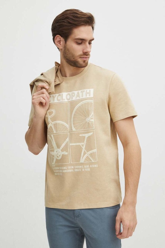 T-shirt bawełniany męski z nadrukiem kolor beżowy beżowy RS24.TSM623