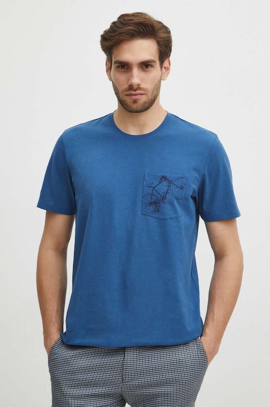 T-shirt bawełniany męski z domieszką elastanu z nadrukiem kolor niebieski okrągły niebieski RS24.TSM624