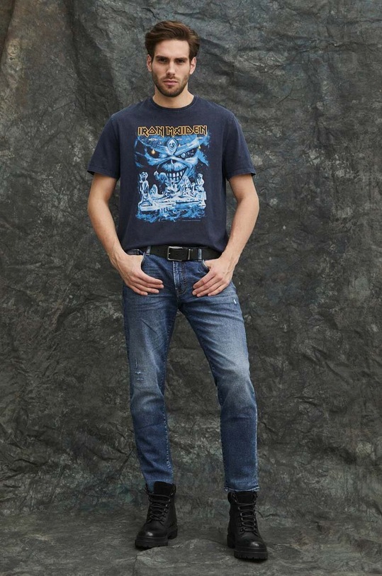 T-shirt bawełniany męski Iron Maiden kolor granatowy okrągły granatowy RS24.TSM654