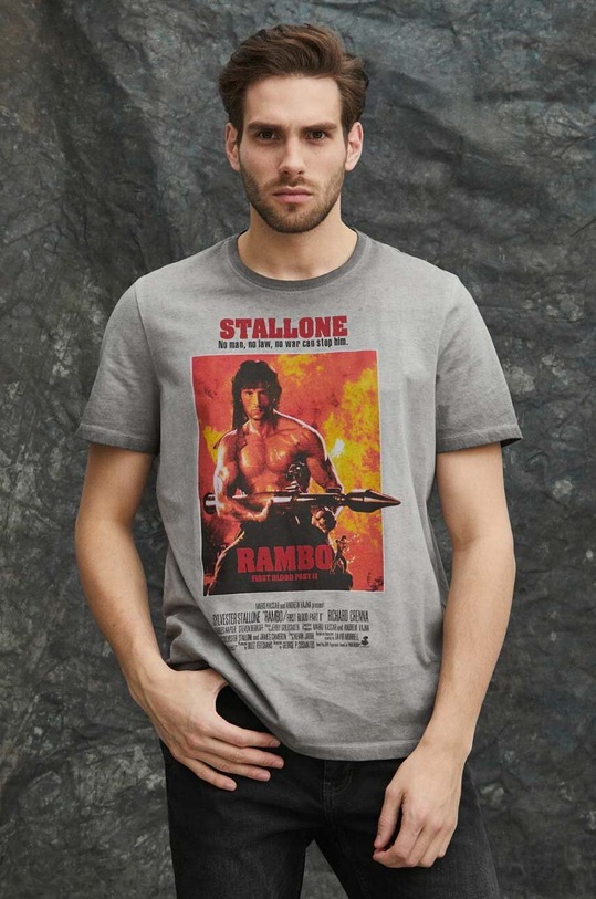 T-shirt bawełniany męski Rambo: First Blood Part II kolor szary okrągły szary RS24.TSM661