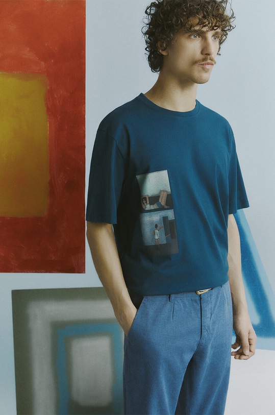 Bavlněné tričko pánské z kolekce Jerzy Nowosielski x Medicine zelená barva relaxed tyrkysová RS24.TSM676