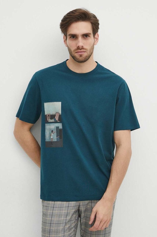 Bavlněné tričko pánské z kolekce Jerzy Nowosielski x Medicine zelená barva RS24.TSM676 tyrkysová RS24